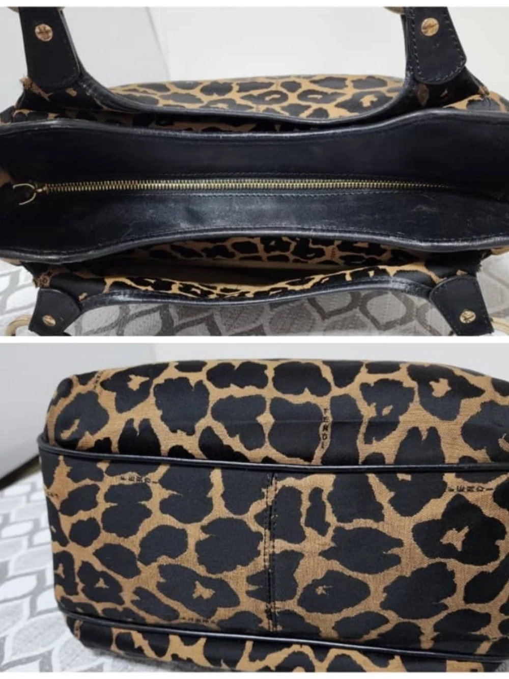 Authentic Fendi Leopard Print Canvas Shoulder Bag Brown/Black
